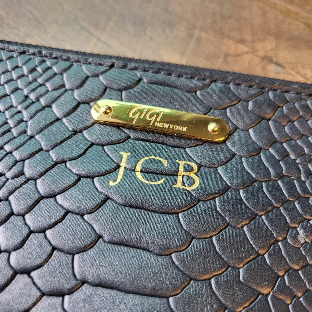 GiGi New York Black Python Embossed Leather Tassel Clutch Monogram JCB